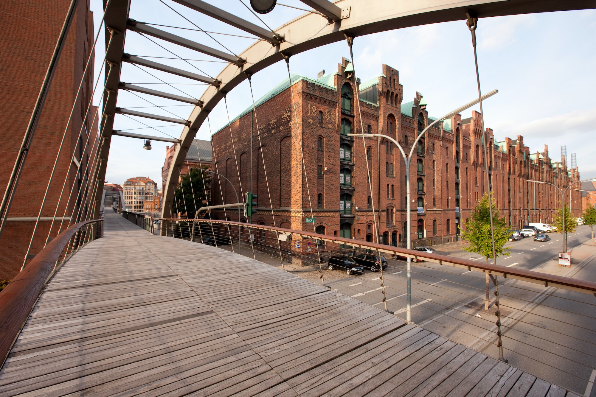 Speicherstadt, footbridge and historic warehouses, Hamburg, Germany